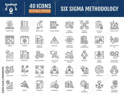 Six sigma methodology icon set. Includes dmaic
framework, define, measure, analyze,
continuous, improvement, root cause and more.
Vector illustration with editable strokes