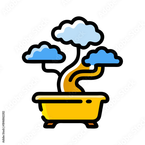 A stylized illustration of a vibrant bonsai tree in a yellow pot, representing nature's artistry