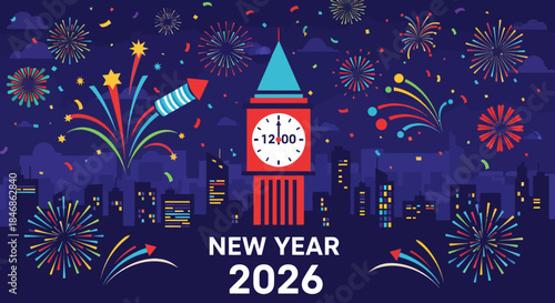 Festive New Year 2026 Celebration with Fireworks Display over London Skyline