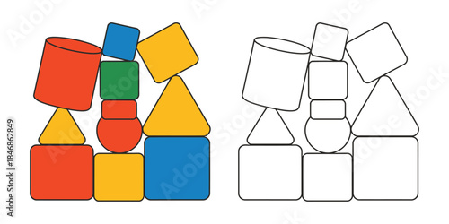 Stacked geometric blocks coloring page Vector illustration