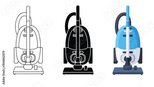 Vacuum Cleaner Hose Vector Set in Three Styles – Outline, Silhouette and Color Cleaning Equipment