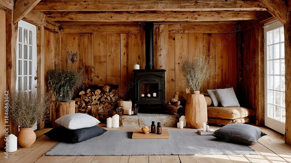Obraz premium Cozy interior with wood walls and fireplace featuring candles and natural decor in winter season