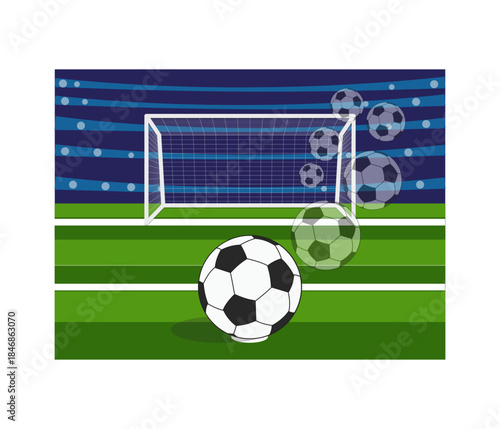 Soccer penalty kick illustration showing a ball in the foreground and its shooting path toward a goal net in a stadium.