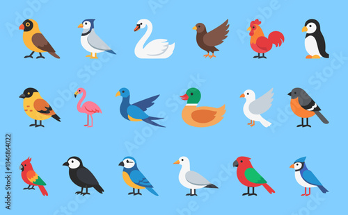 Set of cute cartoon birds vector illustration colorful collection of common and exotic avian species wildlife icons.