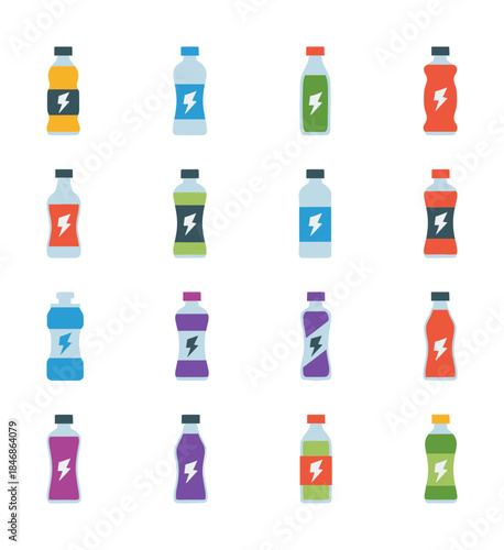 Collection of colorful energy drink and sport beverage bottles icons vector illustration set with lightning bolt symbols.