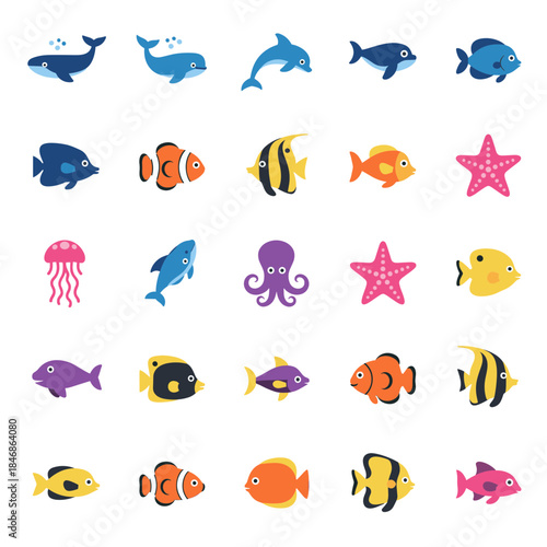 Vibrant underwater ocean sea life creatures fish dolphin whale starfish icons set vector illustration collection aquatic animal.