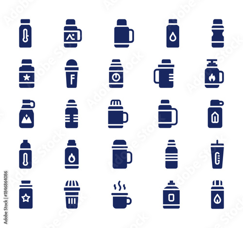 Set of dark blue sport travel water coffee bottle and thermo mug icons vector illustration collection on white background.