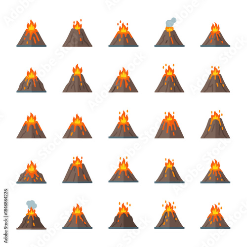 Set of erupting volcano icons vector illustration collection with lava and smoke flat design natural disaster geology element.