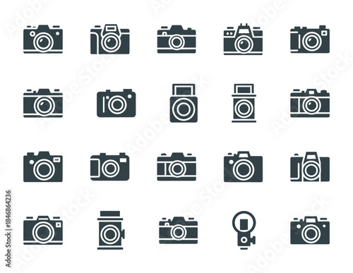 Large collection of dark silhouette photo camera icons vector illustration set for photography equipment and vintage devices.