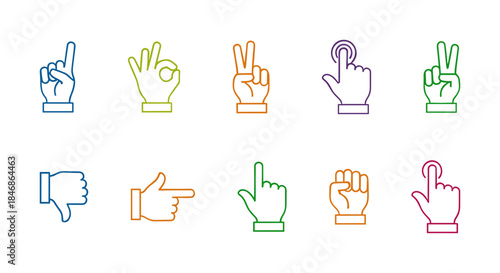 Touch Gesture and Hand Sign Outline Flat Vector Icons Set: A Collection of Communication, Interaction, Direction, and Rating Symbols for UI and Apps