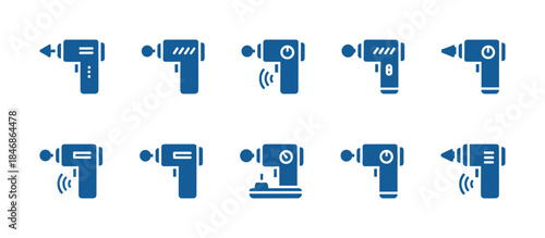 Percussion Massage Gun and Deep Tissue Massager Outline Flat Vector Icons Set: A Collection of Handheld Therapeutic Devices for Muscle Recovery and Relief