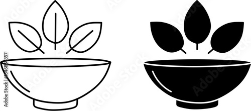 Bowl green leaves minimal healty food icon. Black outline solid illustration