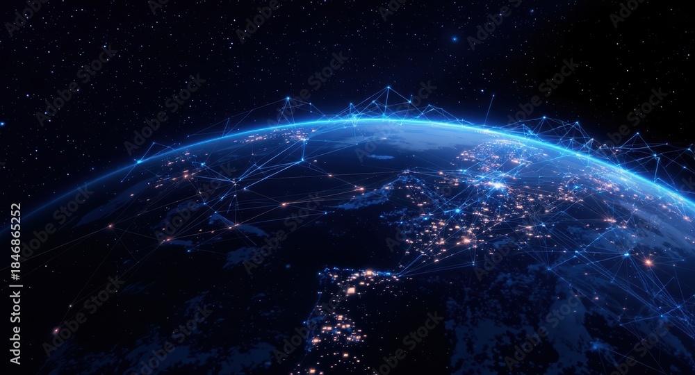 Obraz premium A digital representation of Earth from space, showcasing glowing city lights and network connections across continents against a starry backdrop.