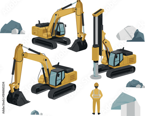 Construction Excavator and Piling Drill Machine Set with Worker and Rocks