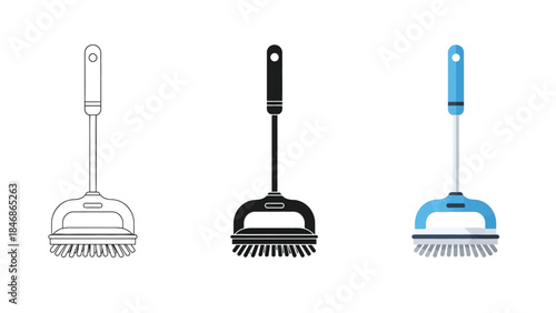 Handheld Scrub Brush Vector Set in Three Styles – Outline, Silhouette and Color Cleaning Tool
