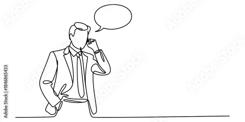Minimalist single line art illustration of a professional man communicating via phone with a speech bubble Vector, illustration