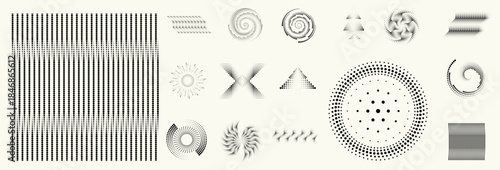 Linear, circular halftone dots circles set,  dotted ring and spiral circle shapes for modern design, technology, or motion graphic backgrounds. Dotted round elements, radial spirals, and vortex.