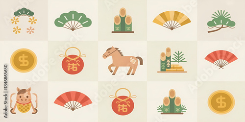 Chinese New Year icon set featuring lucky symbols, gold coins, red envelopes, folding fans, lanterns, traditional horse illustration, flat vector style, soft pastel colors, minimal design, festive Asi