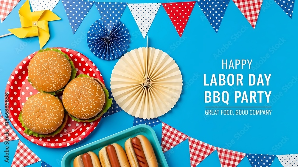 Obraz premium Festive Labor Day BBQ Party Flat Lay with Hamburgers and Hot Dogs