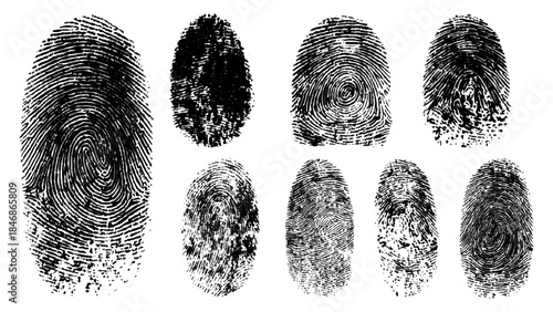 Abstract grunge fingerprint handprint background set with dirty ink paint texture. black and white human identity forensic security concept vector illustration.