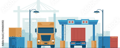 Container Truck Passing Through Customs Gate at Port or Logistic Terminal