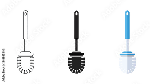 Toilet Bowl Brush Vector Set in Three Styles – Outline, Silhouette and Color Bathroom Cleaning Tool