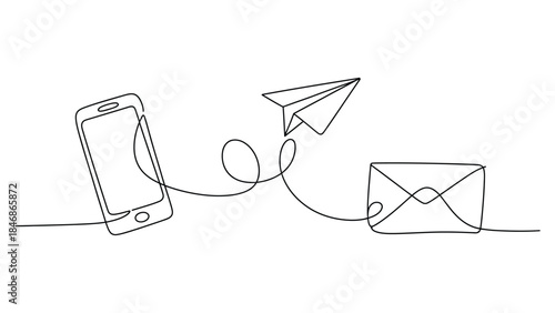 minimal continuous line illustration of smartphone with paper plane and envelope symbolizing digital communication and messaging in outline style