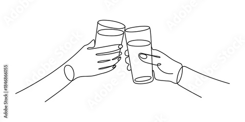 Continuous line drawing of two hands clinking glasses in a celebration toast Vector, illustration