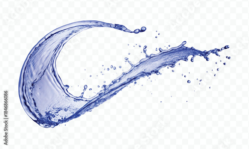 dynamic smooth liquid fresh water splash with drops in mid air cut out and curve style isolated on white background