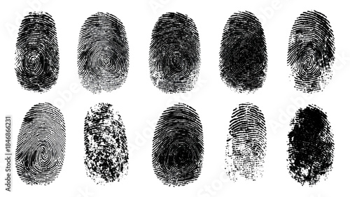 Abstract grunge fingerprint handprint background set with dirty ink paint texture. black and white human identity forensic security concept vector illustration.