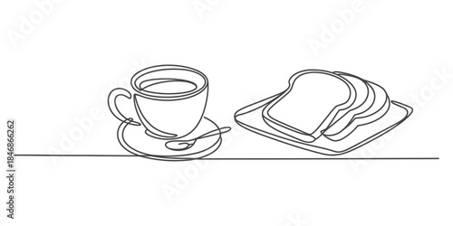 Continuous single line art illustration of a coffee cup and slices of bread for breakfast Vector, illustration