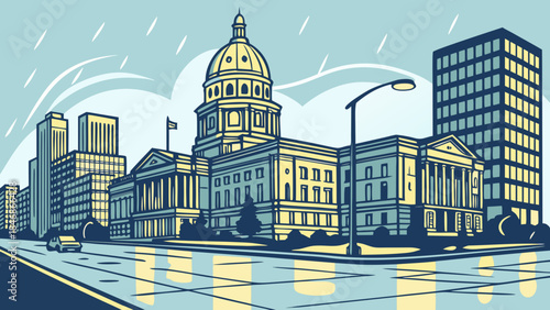 Denver skyline shines amidst rainslicked buildings with a car navigating streets. Suitable for travel or urbanthemed designs seeking a dynamic cityscape.