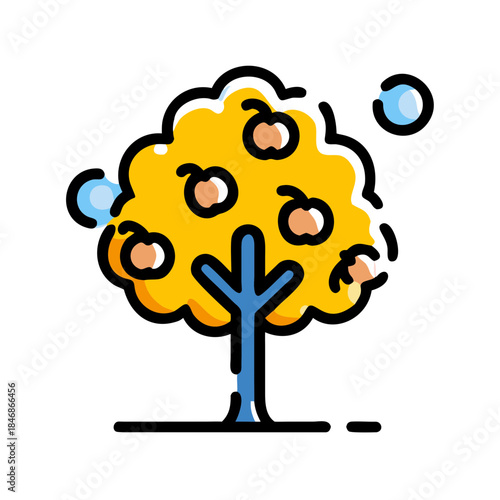 A colorful cartoon-style fruit tree icon bursting with yellow foliage and ripe orange fruits