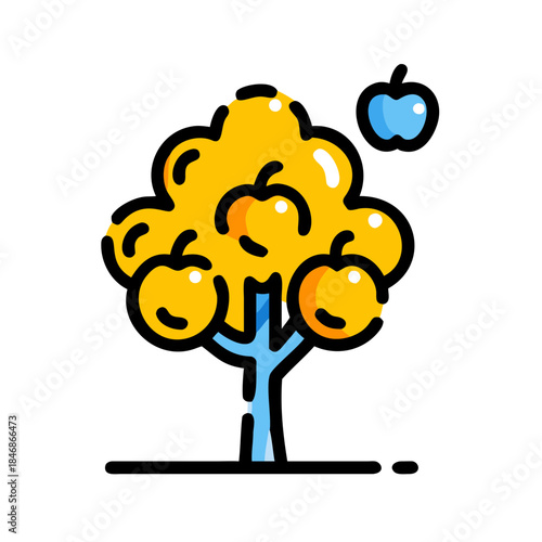 A vibrant illustration of an apple tree bearing golden fruit with a distinct blue apple