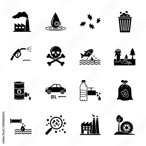 Comprehensive collection of environmental pollution icons illustrating global ecological threats, industrial waste, and urgent social issues for sustainability awareness and impact