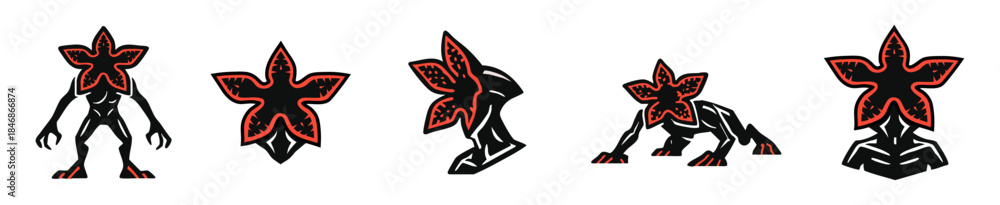 Fototapeta premium A collection of stylized black and red vector illustrations depicting the iconic Demogorgon creature from the popular sci-fi horror series Stranger Things, in various dynamic poses.