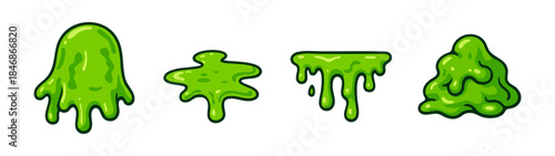 Set of vibrant green cartoon slime elements in various styles, including dripping goo, splattering liquid, and melting shapes, isolated on a white background.