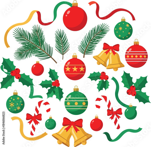 Christmas Decoration Elements Set – Festive Ornaments, Bells, Holly and Ribbons Illustration