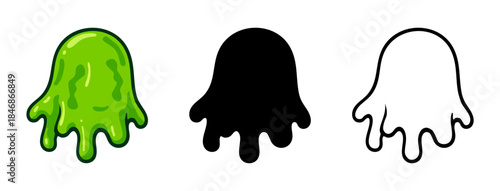 Cartoon green slime or spooky ghost icon presented in three styles: vibrant color, solid black silhouette, and clean outline. Perfect for Halloween, games, or scientific themes.