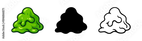 A vibrant green cartoon slime blob in three distinct styles: a colorful glossy illustration, a solid black silhouette, and a clean outline vector, isolated on white.