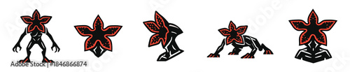 A collection of stylized black and red vector illustrations depicting the iconic Demogorgon creature from the popular sci-fi horror series Stranger Things, in various dynamic poses.
