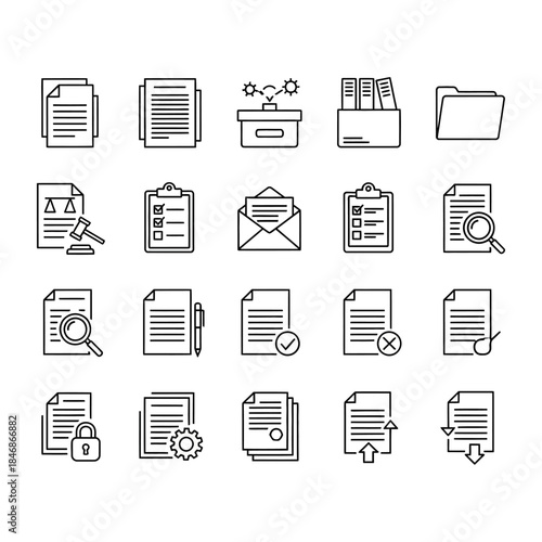 Streamlined Digital Document and Administrative Management Line Icons Set for Business Efficiency and Organized Information Flow