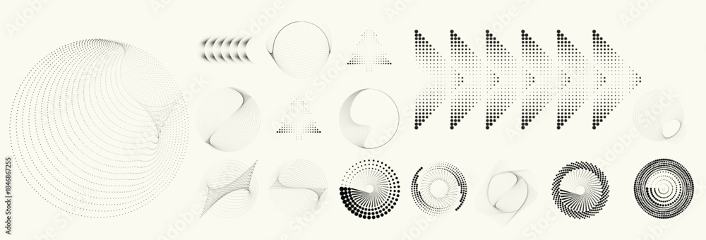 Fototapeta premium Linear, circular halftone dots circles set, dotted ring and spiral circle shapes for modern design, technology, or motion graphic backgrounds. Dotted round elements, radial spirals, and vortex.