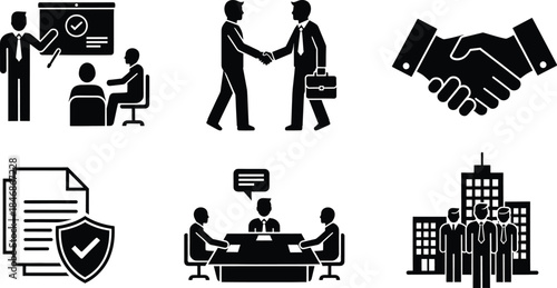 Business and corporate vector icons representing meetings, agreements, document security, and teamwork
