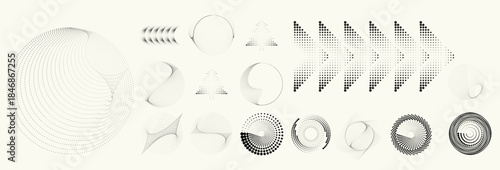 Linear, circular halftone dots circles set,  dotted ring and spiral circle shapes for modern design, technology, or motion graphic backgrounds. Dotted round elements, radial spirals, and vortex.