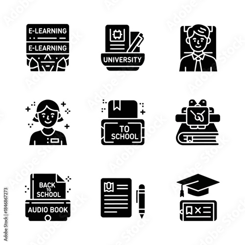 Modern educational icons portraying diverse aspects of academic life, including e-learning, university studies, student experiences, and essential school activities