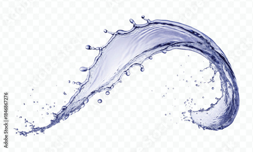 dynamic smooth liquid fresh water splash with drops in mid air cut out and curve style isolated on white background