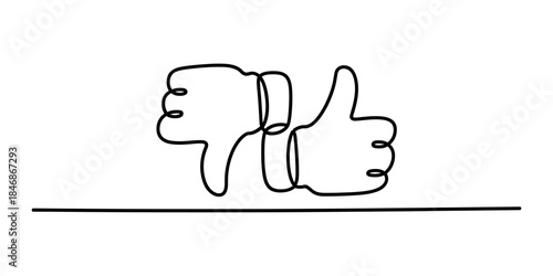 Continuous line art drawing of a thumbs up and thumbs down gesture, representing like and dislike. Vector, illustration