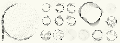 Linear, circular halftone dots circles set,  dotted ring and spiral circle shapes for modern design, technology, or motion graphic backgrounds. Dotted round elements, radial spirals, and vortex.