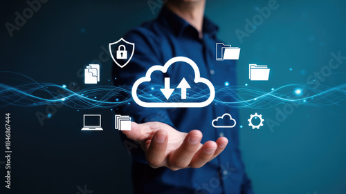 Man presenting cloud computing concept with data storage icons